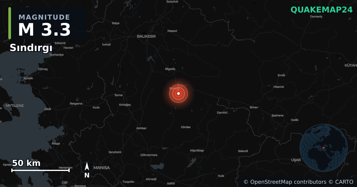 Terremoto de M3,3 cerca de Sındırgı (Turquía) · 2025-12-27 — Mapa de la ubicación del epicentro