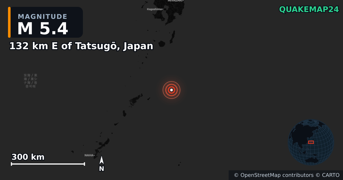M5.4 earthquake near 132 km E of Tatsugō, Japan on Feb 3, 2025 — map of epicenter and shaking intensity | QuakeMap24