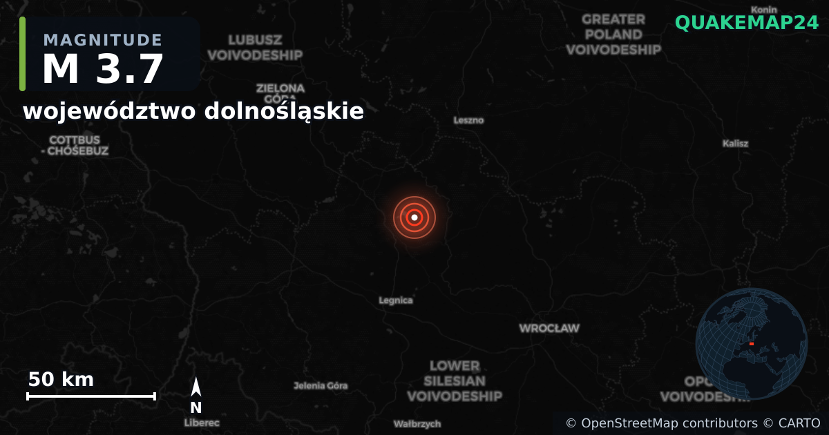 M3.7 earthquake near województwo dolnośląskie on Sep 12, 2025 — map of epicenter and shaking intensity | QuakeMap24