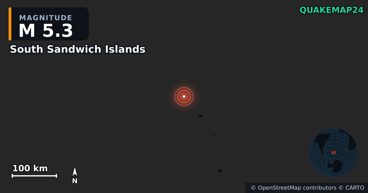 M5.3 earthquake near South Sandwich Islands on Sep 12, 2025 — map of epicenter and shaking intensity | QuakeMap24