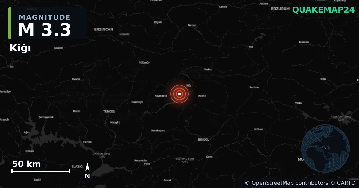 M3.3 earthquake near Kiğı on Jun 2, 2025 — map of epicenter and shaking intensity | QuakeMap24
