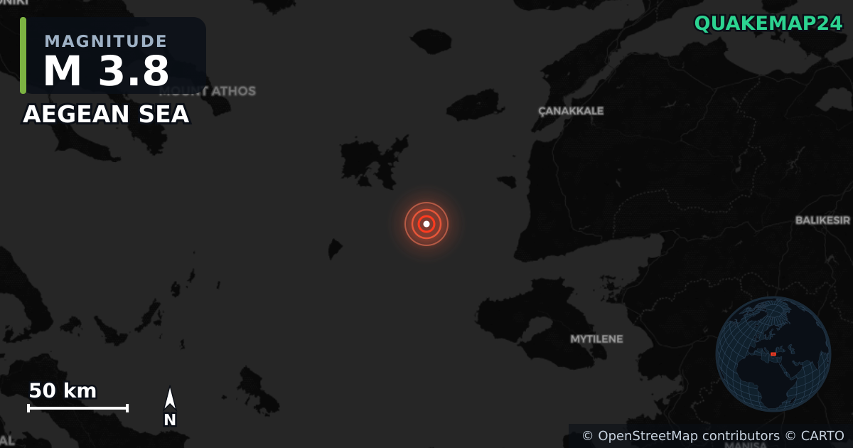 M3.8 earthquake near AEGEAN SEA on Jul 5, 2025 — map of epicenter and shaking intensity | QuakeMap24