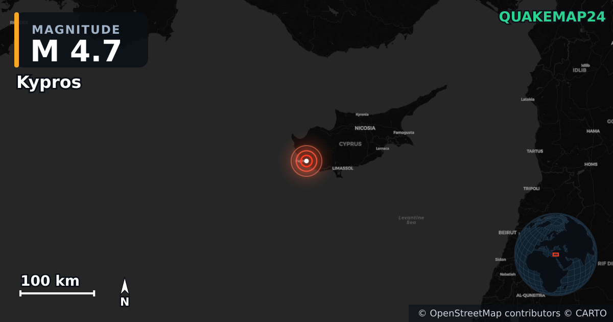 M4.7 earthquake near Kypros on Nov 12, 2025 — map of epicenter and shaking intensity | QuakeMap24