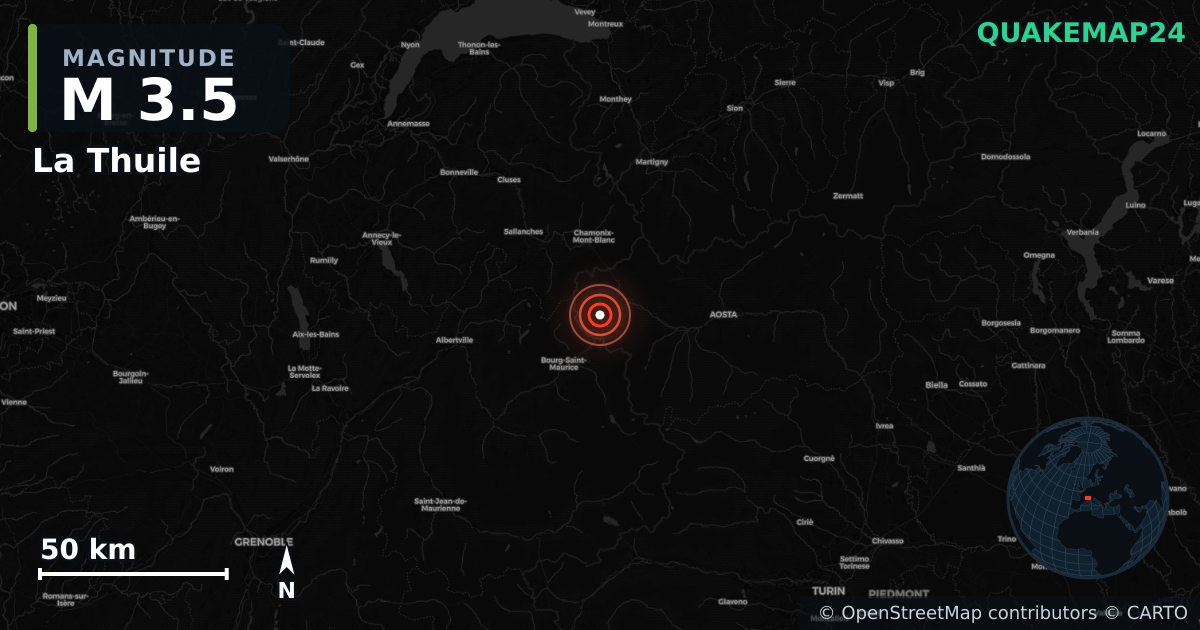 M3.5 earthquake near La Thuile on Jan 12, 2026 — map of epicenter and shaking intensity | QuakeMap24