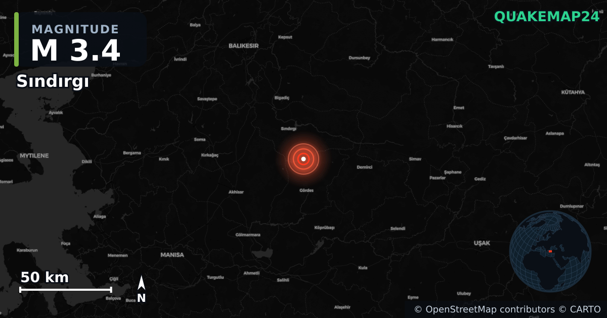 M3.4 earthquake near Sındırgı on Oct 27, 2025 — map of epicenter and shaking intensity | QuakeMap24