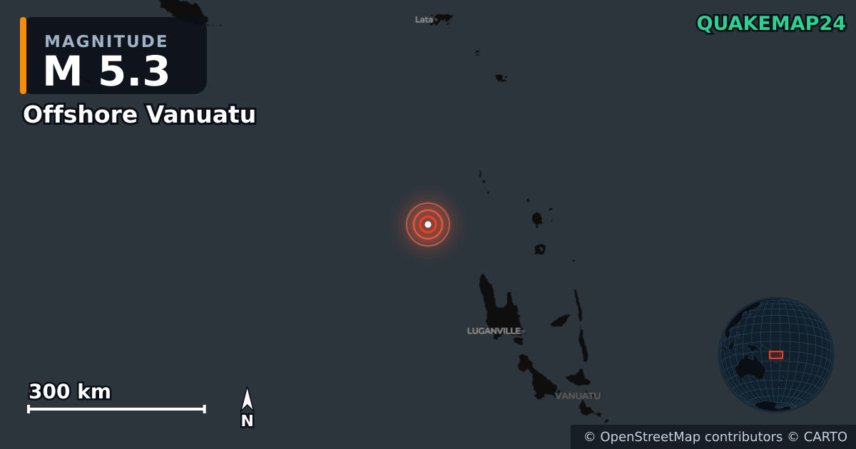M5.3 Earthquake near Offshore Vanuatu · 2026-10-24 — Map showing the location of the epicenter