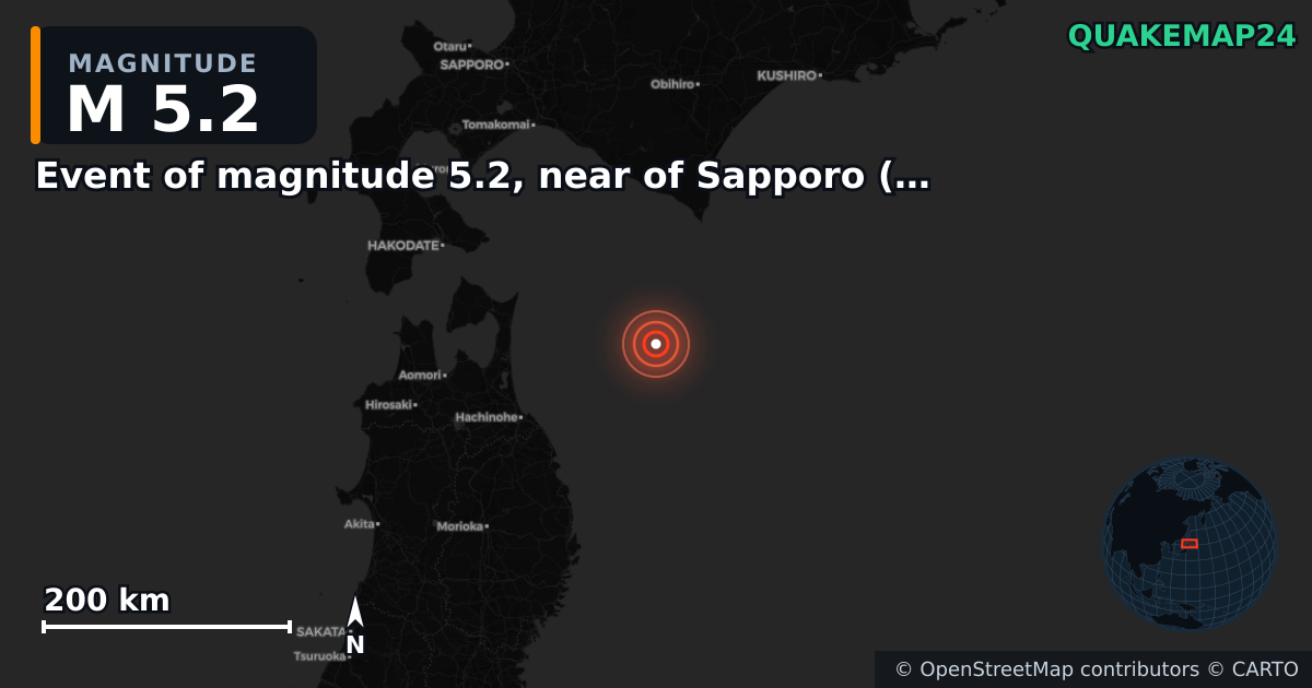 M5.2 earthquake near Event of magnitude 5.2, near of Sapporo (Monde) on Nov 18, 2025 — map of epicenter and shaking intensity | QuakeMap24