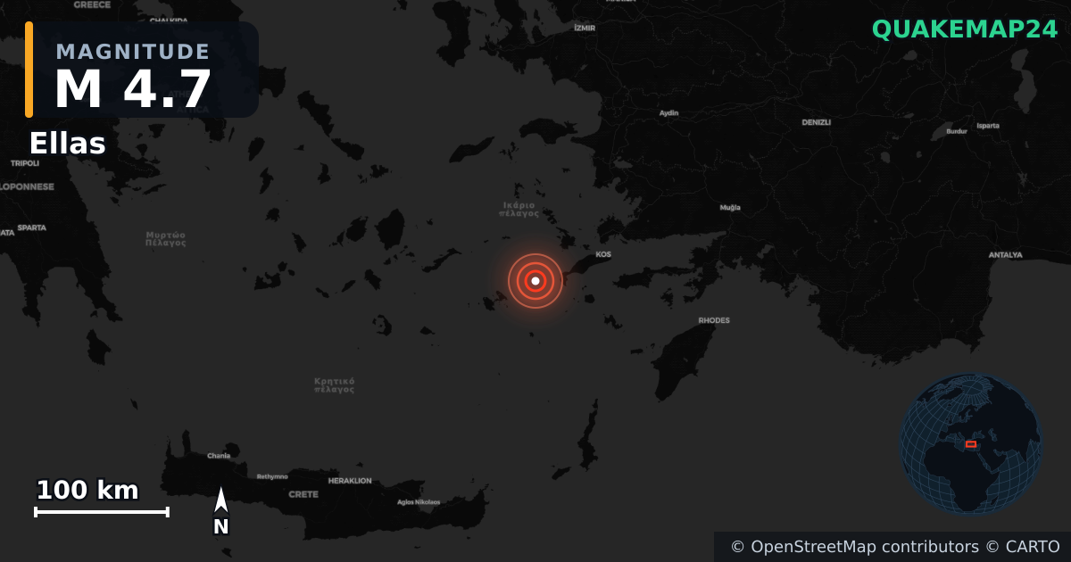 M4.7 earthquake near Ellas on May 10, 2026 — map of epicenter and shaking intensity | QuakeMap24
