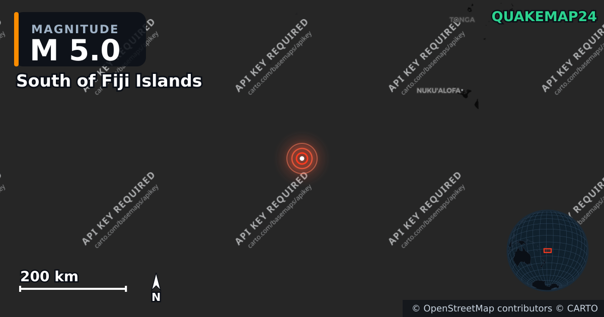 M5.0 earthquake near South of Fiji Islands on Mar 6, 2026 — map of epicenter and shaking intensity | QuakeMap24
