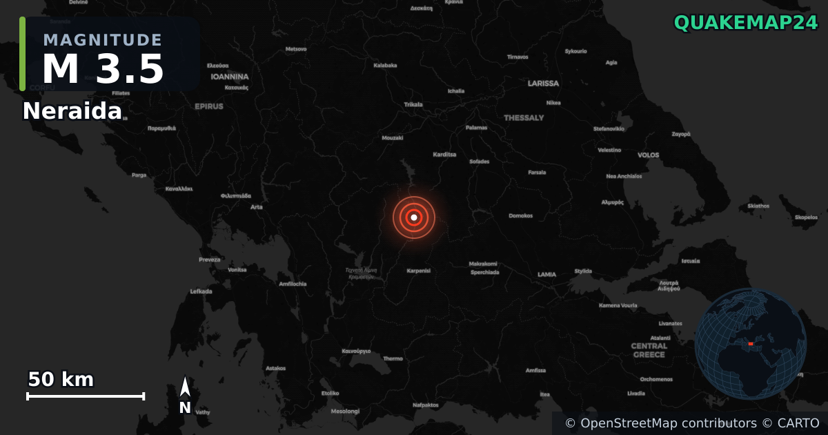 M3.5 earthquake near Neraida on Apr 16, 2026 — map of epicenter and shaking intensity | QuakeMap24