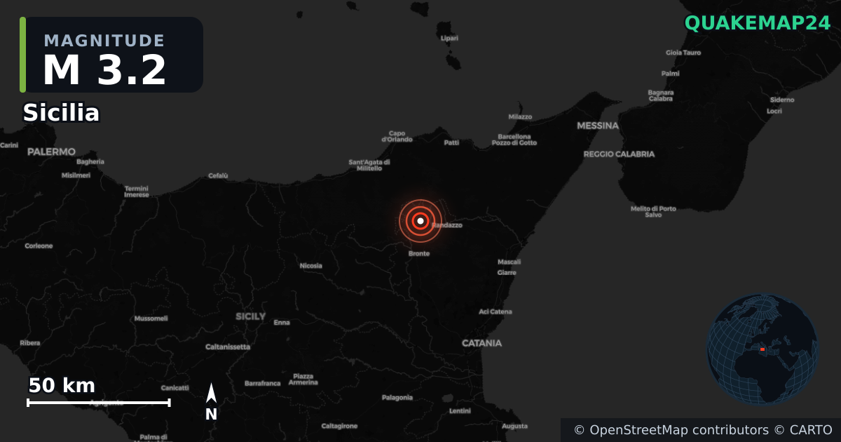 M3.2 earthquake near Sicilia on Jul 6, 2025 — map of epicenter and shaking intensity | QuakeMap24