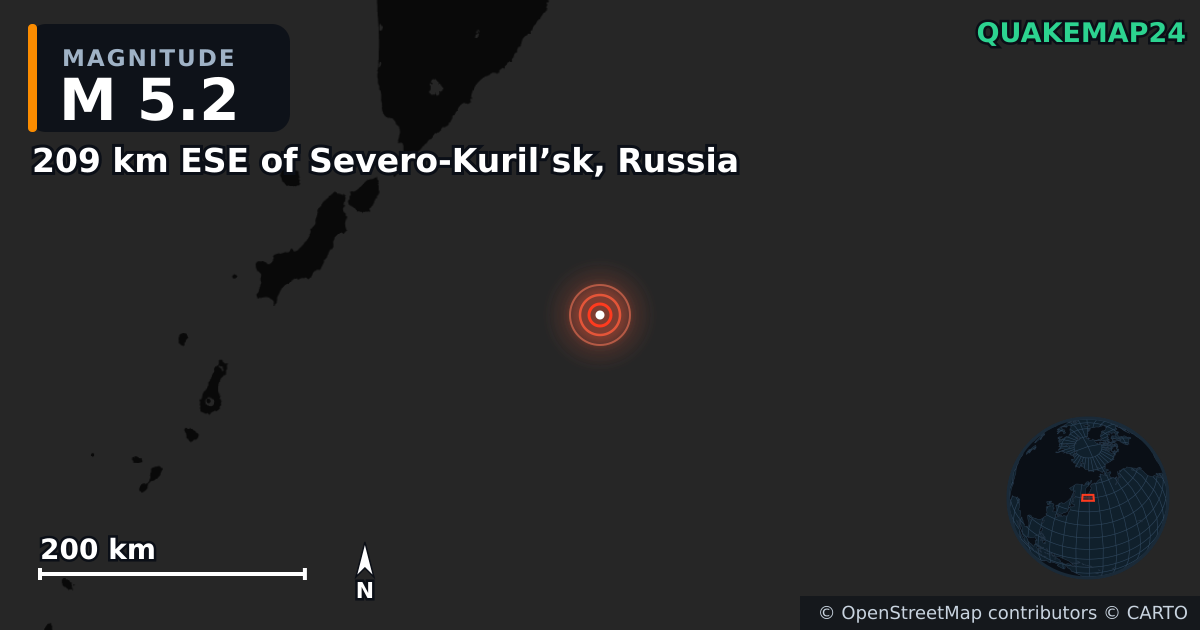 M5.2 earthquake near 209 km ESE of Severo-Kuril’sk, Russia on Aug 6, 2025 — map of epicenter and shaking intensity | QuakeMap24