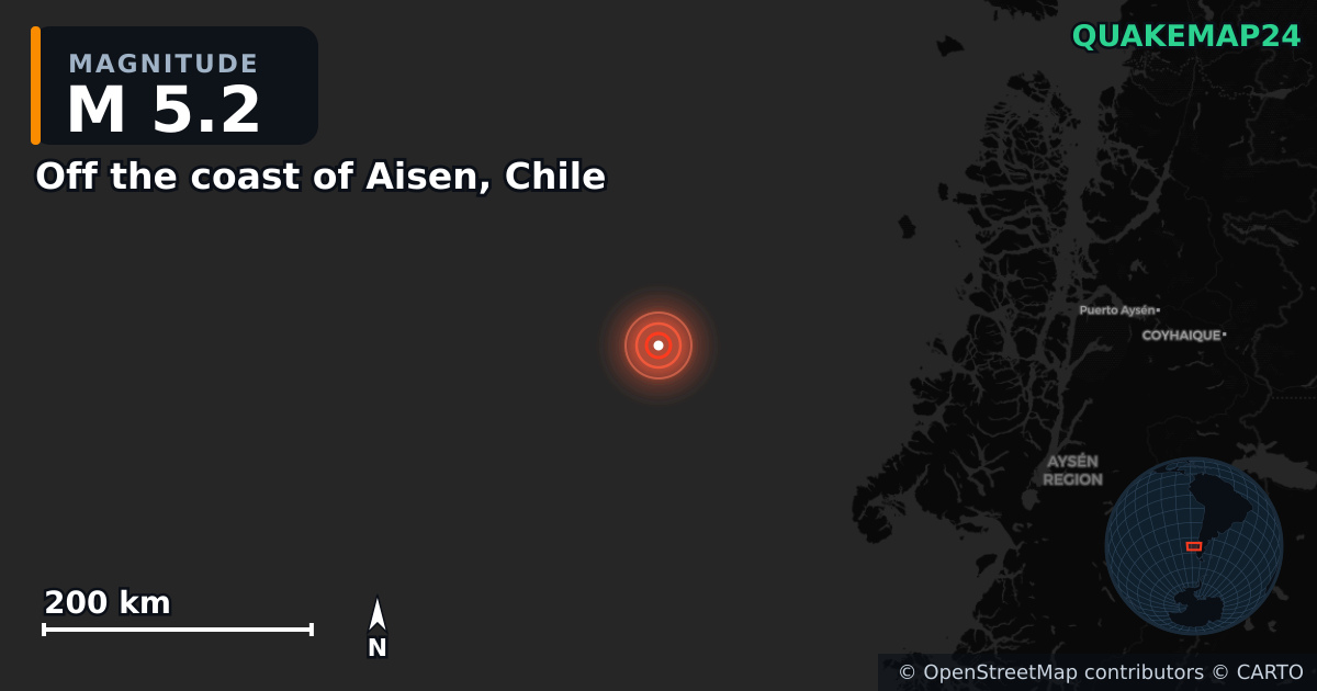 Erdbeben M5,2 bei Off the coast of Aisen, Chile · 2025-10-25 — Karte der Lage des Epizentrums