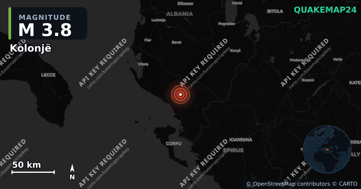 M3.8 earthquake near Kolonjë on Jun 12, 2026 — map of epicenter and shaking intensity | QuakeMap24