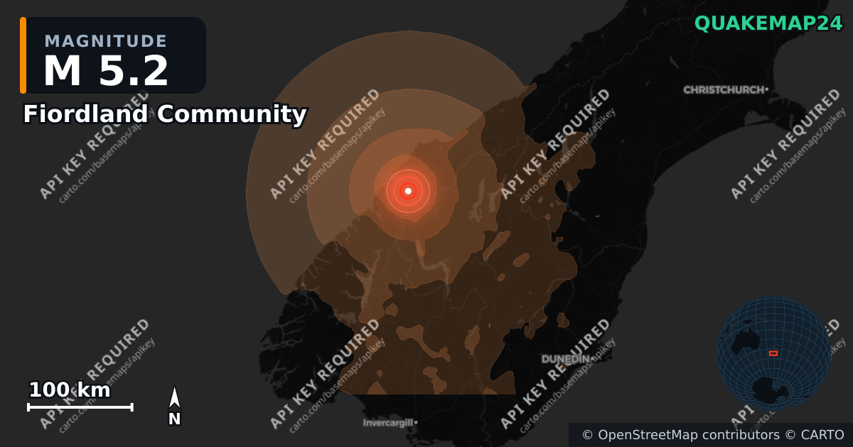M5.2 earthquake near Fiordland Community on Sep 2, 2026 — map of epicenter and shaking intensity | QuakeMap24