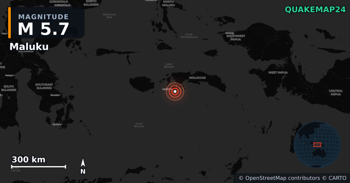 M5.7 earthquake near Maluku on Nov 20, 2025 — map of epicenter and shaking intensity | QuakeMap24