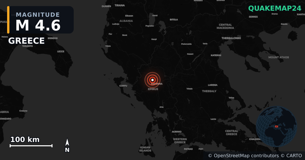 M4.6 earthquake near GREECE on Apr 6, 2026 — map of epicenter and shaking intensity | QuakeMap24