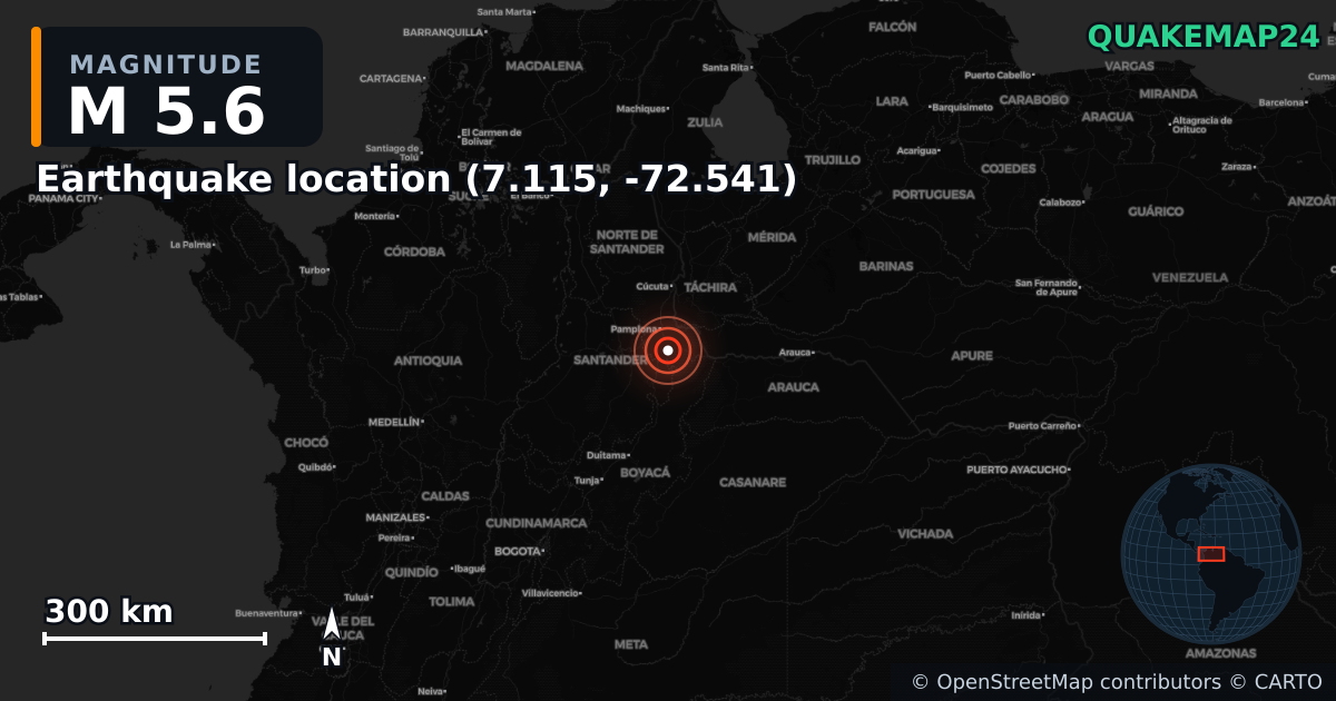 M5.6 earthquake near Local do sismo (7.115, -72.541) on Dec 10, 2025 — map of epicenter and shaking intensity | QuakeMap24
