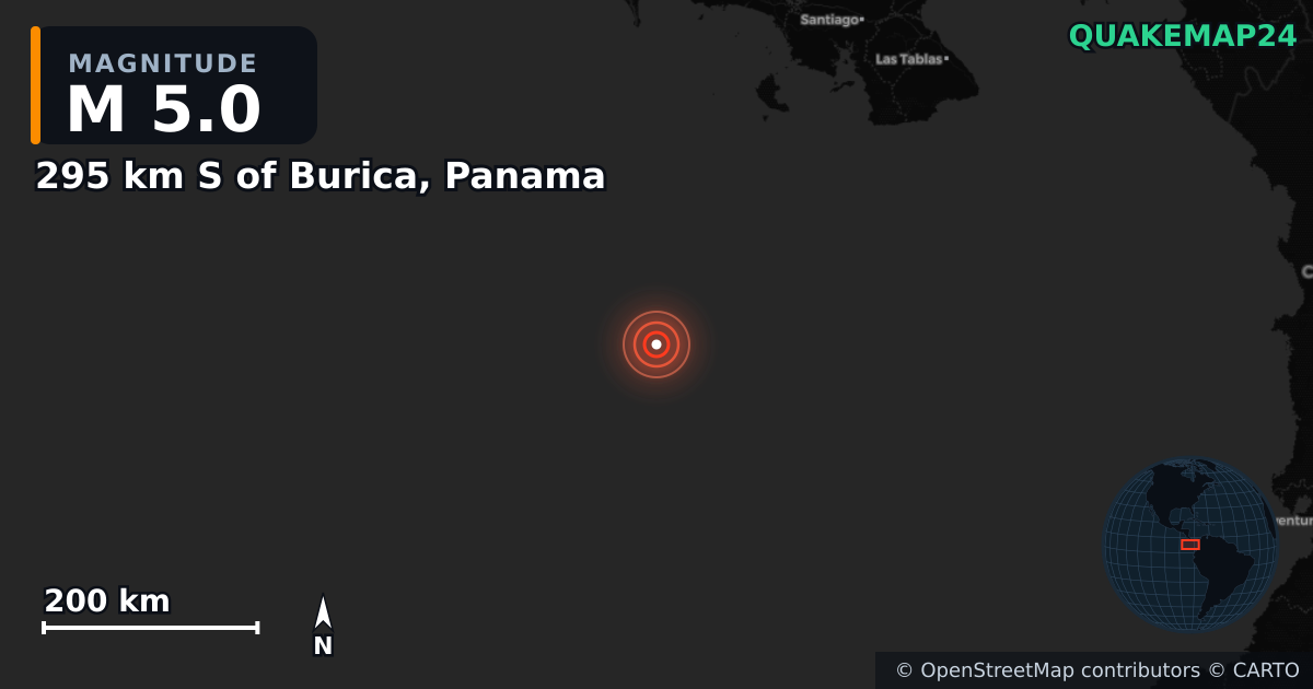 Σεισμός M5,0 κοντά στο 295 km S of Burica, Panama · 2026-10-04 — Χάρτης της θέσης του επικέντρου