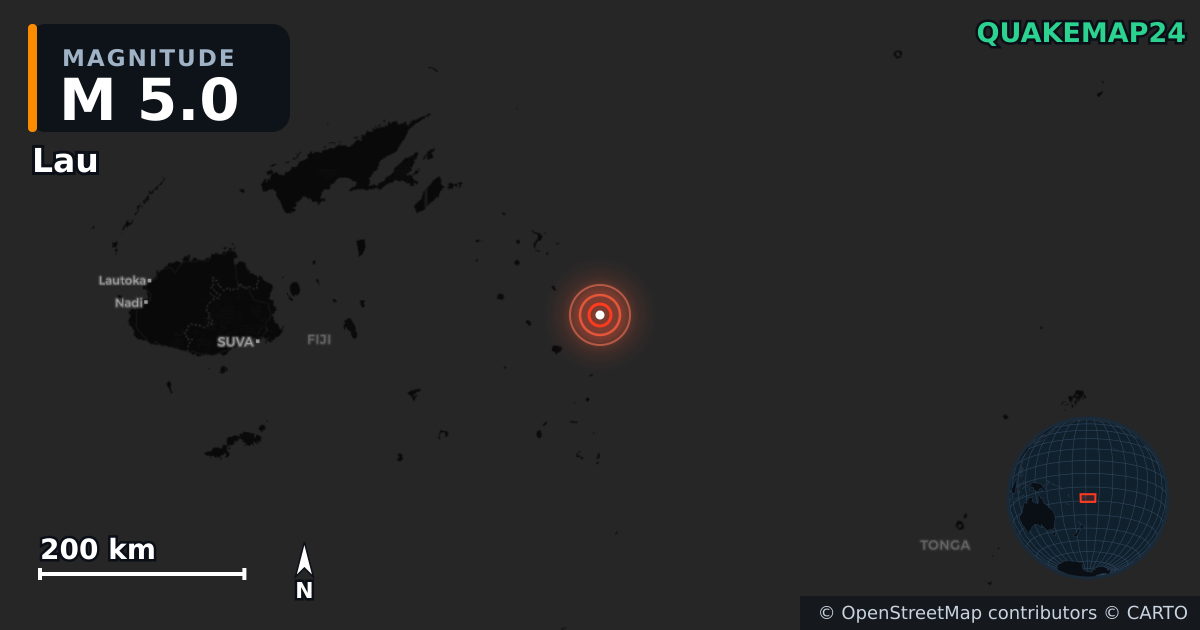 M5.0 earthquake near Lau on Feb 13, 2026 — map of epicenter and shaking intensity | QuakeMap24