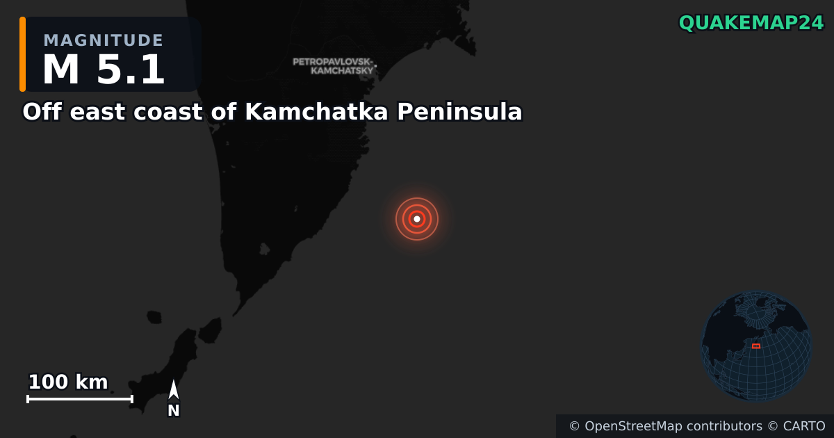 M5.1 earthquake near Off east coast of Kamchatka Peninsula on Sep 22, 2025 — map of epicenter and shaking intensity | QuakeMap24