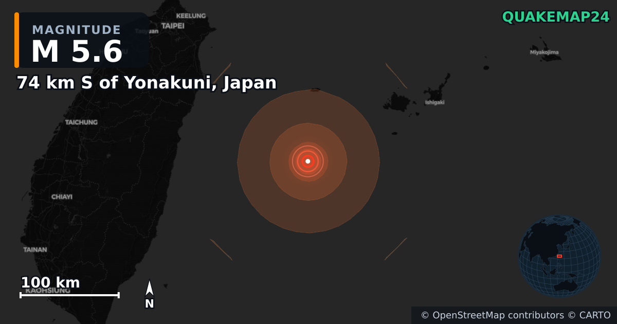 Erdbeben M5,6 bei 74 km S of Yonakuni, Japan · 2026-09-30 — Karte der Lage des Epizentrums