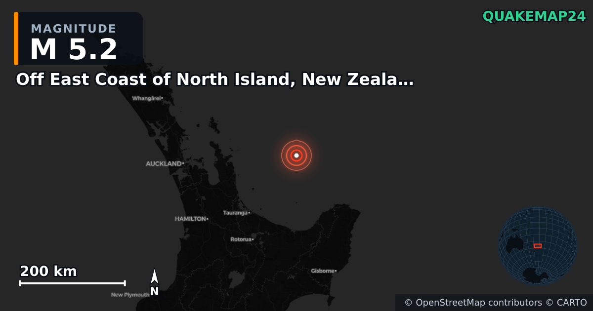 M5.2 earthquake near Off East Coast of North Island, New Zealand on May 5, 2026 — map of epicenter and shaking intensity | QuakeMap24