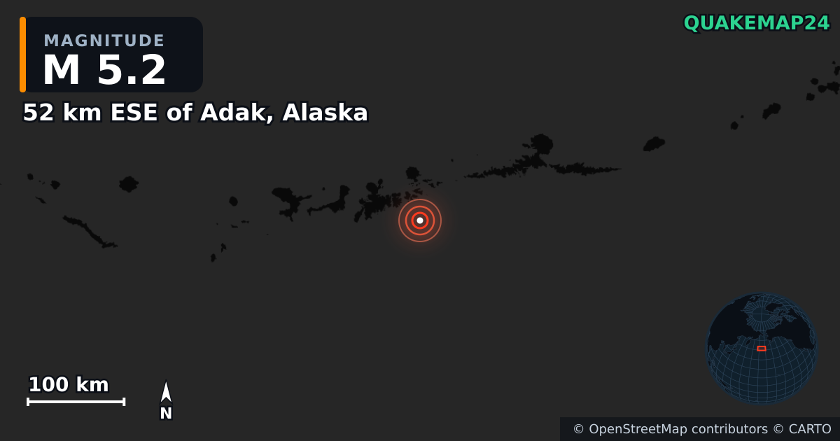 Erdbeben M5,2 bei 52 km ESE of Adak, Alaska — Karte der Lage des Epizentrums