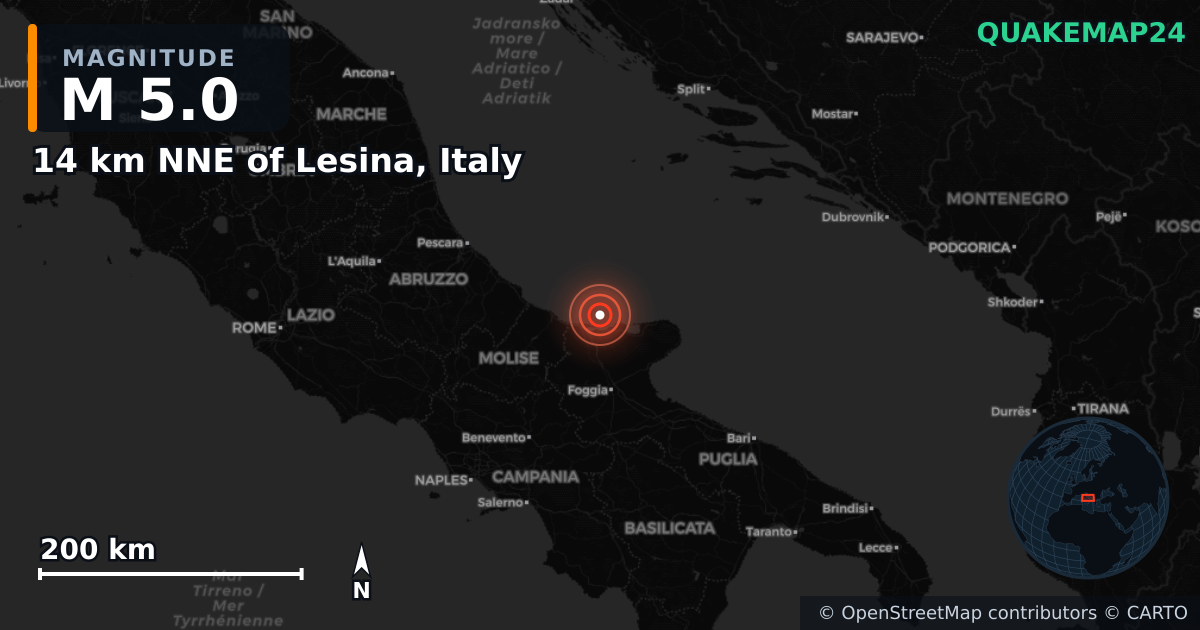 M5.0 earthquake near 14 km NNE of Lesina, Italy on Mar 14, 2025 — map of epicenter and shaking intensity | QuakeMap24