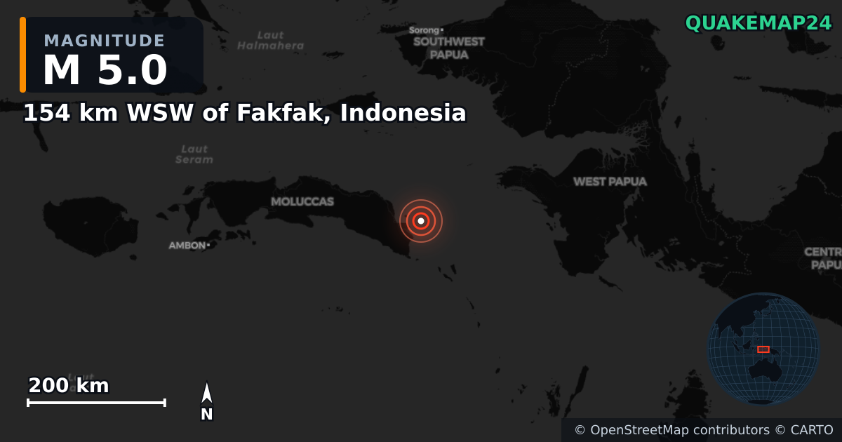 M5.0 earthquake near 154 km WSW of Fakfak, Indonesia on Feb 20, 2025 — map of epicenter and shaking intensity | QuakeMap24