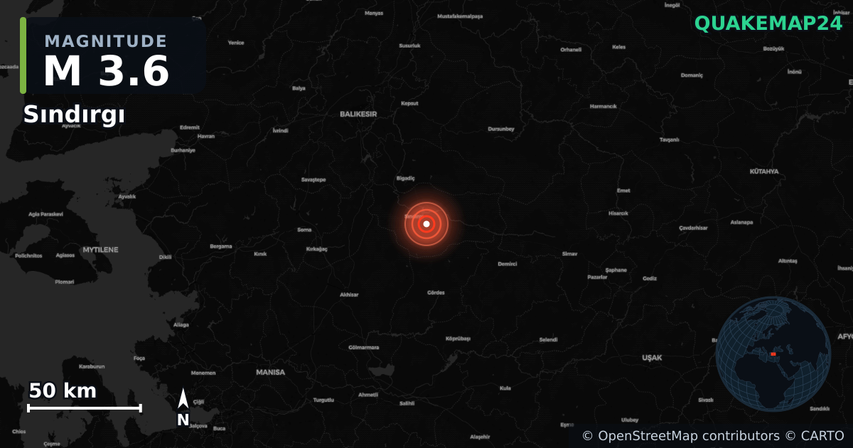 M3.6 earthquake near Sındırgı on Sep 8, 2025 — map of epicenter and shaking intensity | QuakeMap24