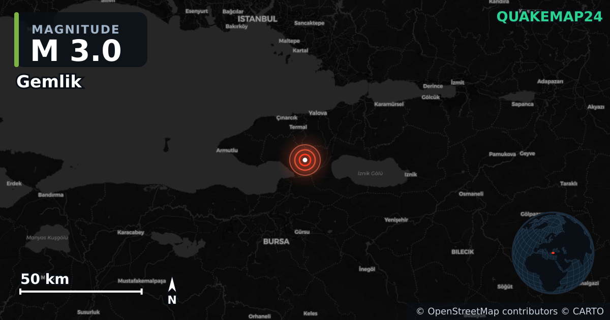 M3.0 earthquake near Gemlik on Jul 1, 2025 — map of epicenter and shaking intensity | QuakeMap24