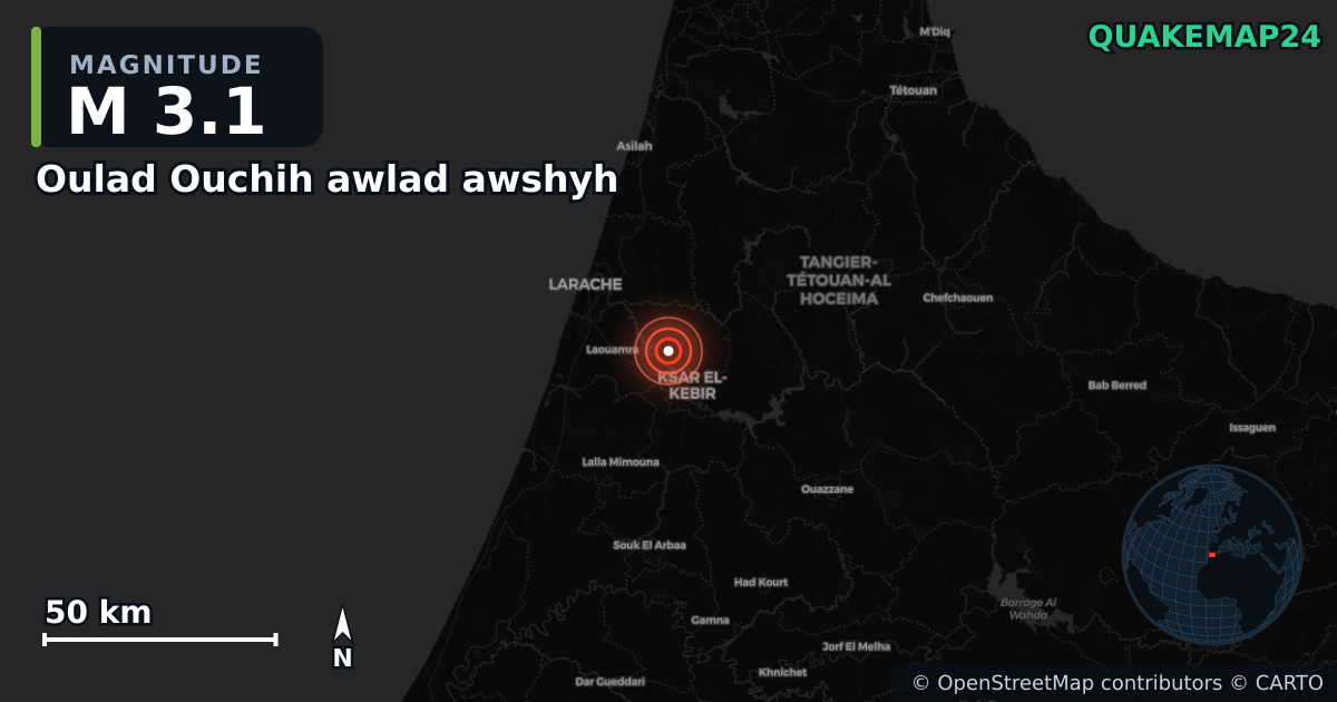 M3.1 earthquake near Oulad Ouchih awlad awshyh on Feb 2, 2026 — map of epicenter and shaking intensity | QuakeMap24