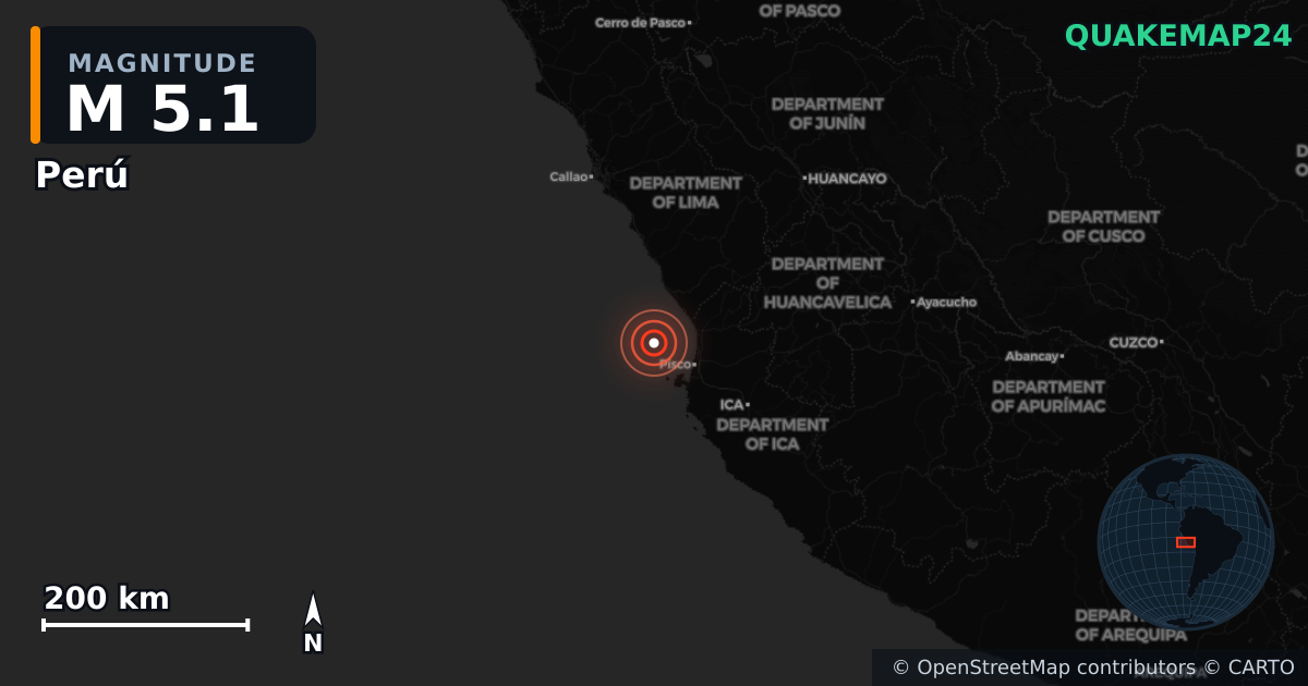 M5.1 earthquake near Perú on Feb 22, 2026 — map of epicenter and shaking intensity | QuakeMap24