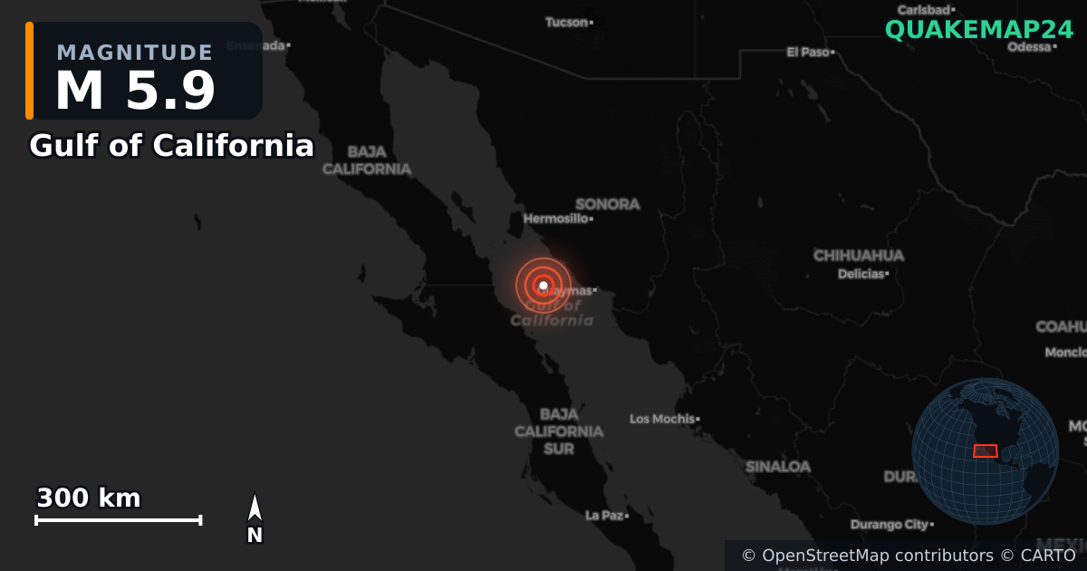 M5.9 earthquake near Gulf of California on Nov 7, 2025 — map of epicenter and shaking intensity | QuakeMap24