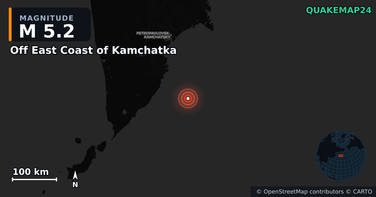 M5.2 earthquake near Off East Coast of Kamchatka on Sep 9, 2025 — map of epicenter and shaking intensity | QuakeMap24