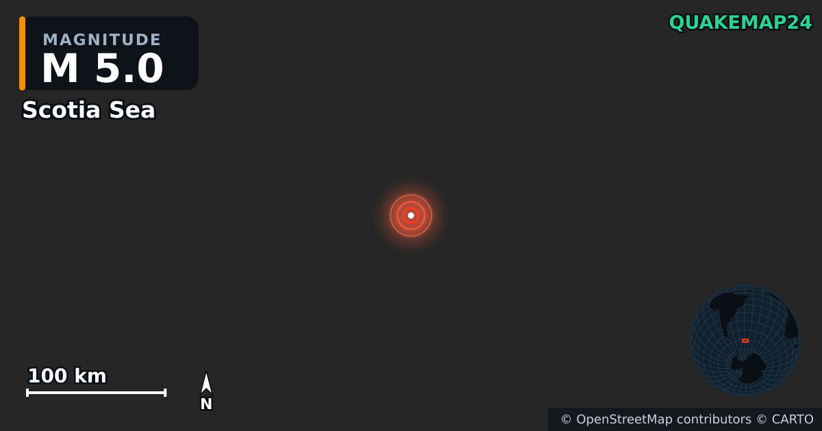 M5.0 Earthquake near Scotia Sea · 2025-06-30 — Map showing the location of the epicenter