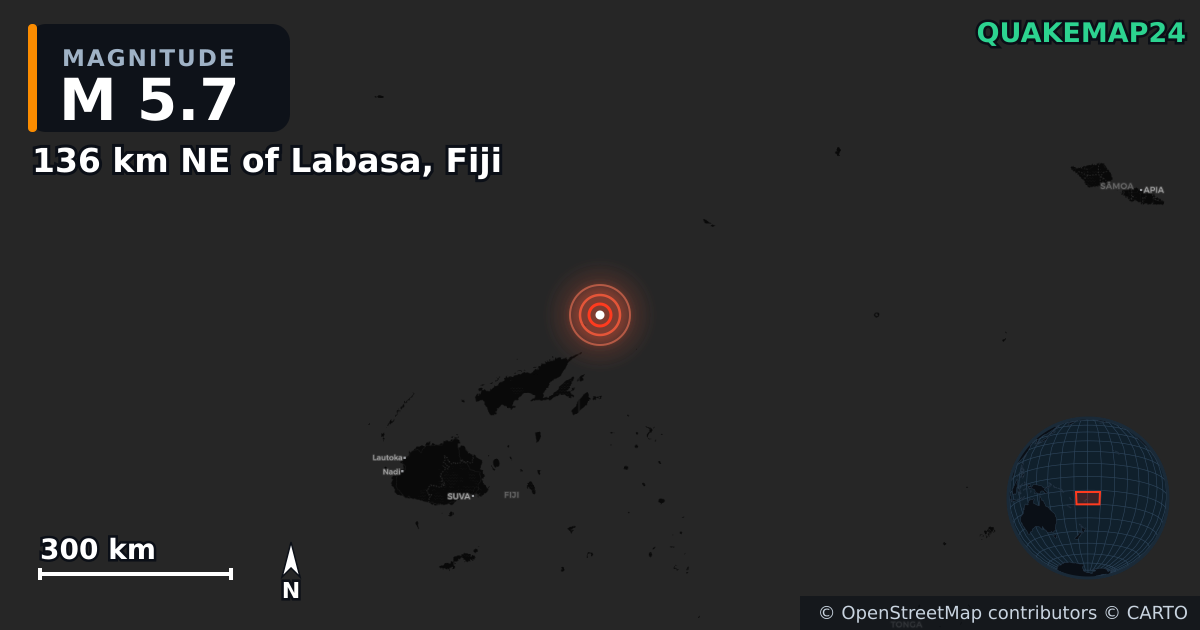 M5.7 earthquake near 136 km NE of Labasa, Fiji on Dec 19, 2025 — map of epicenter and shaking intensity | QuakeMap24