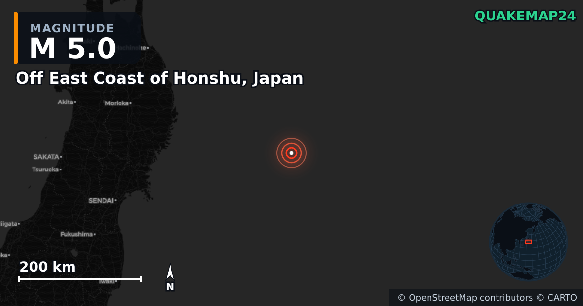 M5.0 earthquake near Off East Coast of Honshu, Japan on Nov 9, 2025 — map of epicenter and shaking intensity | QuakeMap24