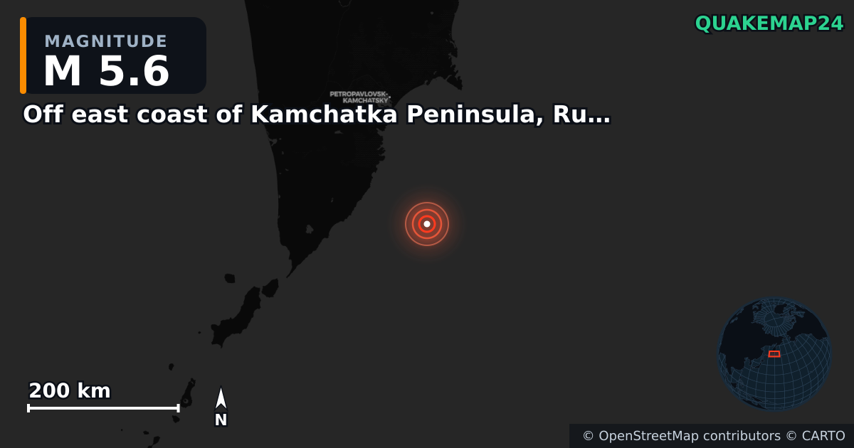 M5.6 earthquake near Off east coast of Kamchatka Peninsula, Russia [Sea: Russia] on Sep 3, 2025 — map of epicenter and shaking intensity | QuakeMap24