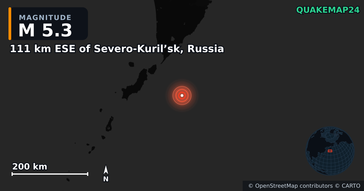 M5.3 earthquake near 111 km ESE of Severo-Kuril’sk, Russia on Jul 30, 2025 — map of epicenter and shaking intensity | QuakeMap24