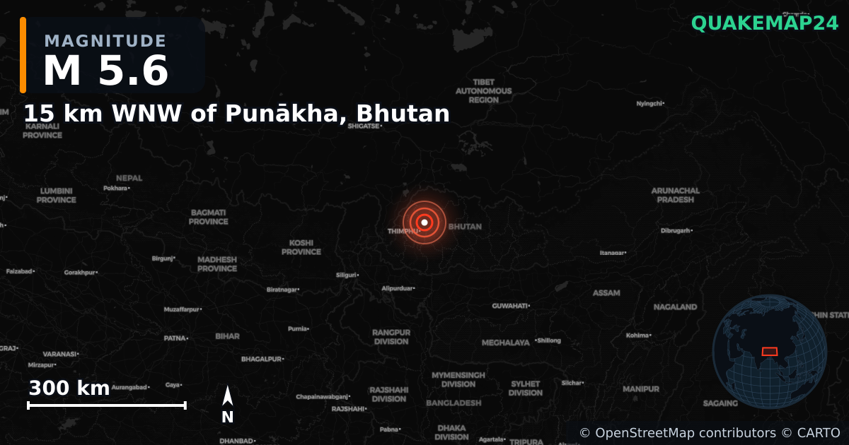 M5.6 earthquake near 15 km WNW of Punākha, Bhutan on Jun 7, 2026 — map of epicenter and shaking intensity | QuakeMap24