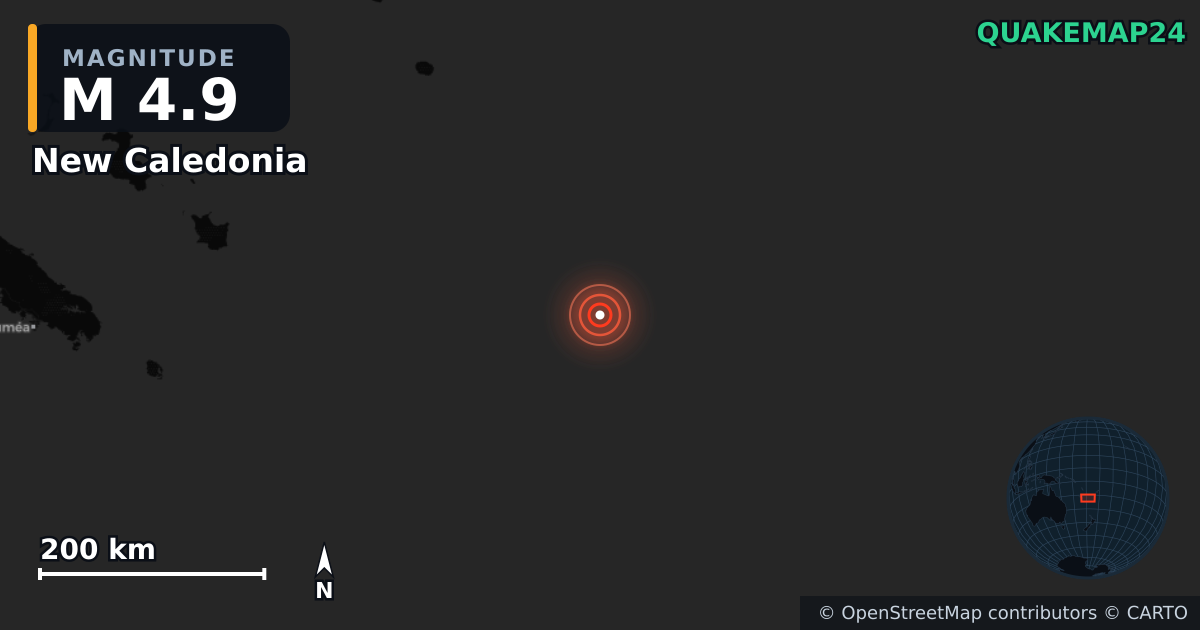 M4.9 earthquake near New Caledonia on Jul 27, 2026 — map of epicenter and shaking intensity | QuakeMap24
