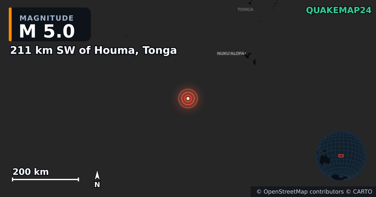 M5.0 earthquake near 211 km SW of Houma, Tonga on Apr 5, 2025 — map of epicenter and shaking intensity | QuakeMap24