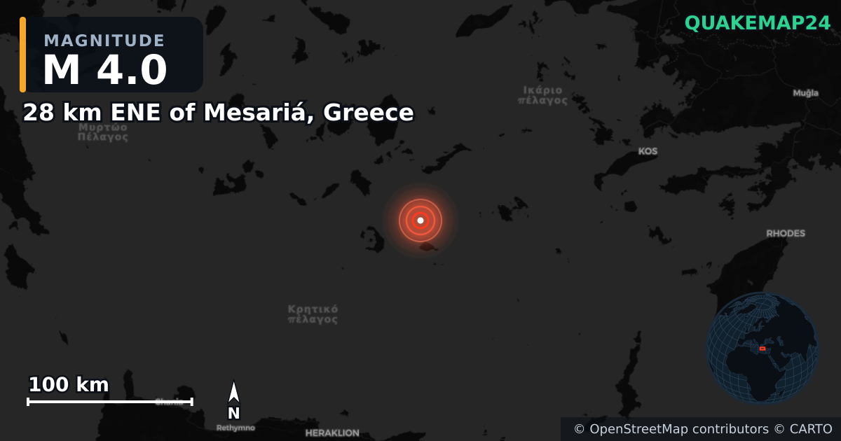 M4.0 earthquake near 28 km ENE of Mesariá, Greece on Feb 10, 2025 — map of epicenter and shaking intensity | QuakeMap24
