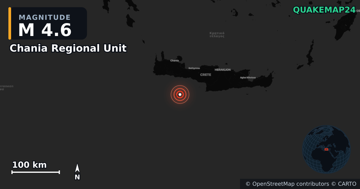 M4.6 earthquake near Chania Regional Unit on Jun 20, 2026 — map of epicenter and shaking intensity | QuakeMap24