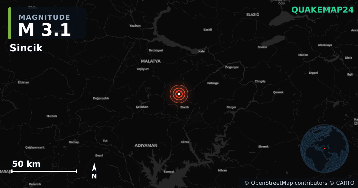 M3.1 earthquake near Sincik on Oct 19, 2025 — map of epicenter and shaking intensity | QuakeMap24