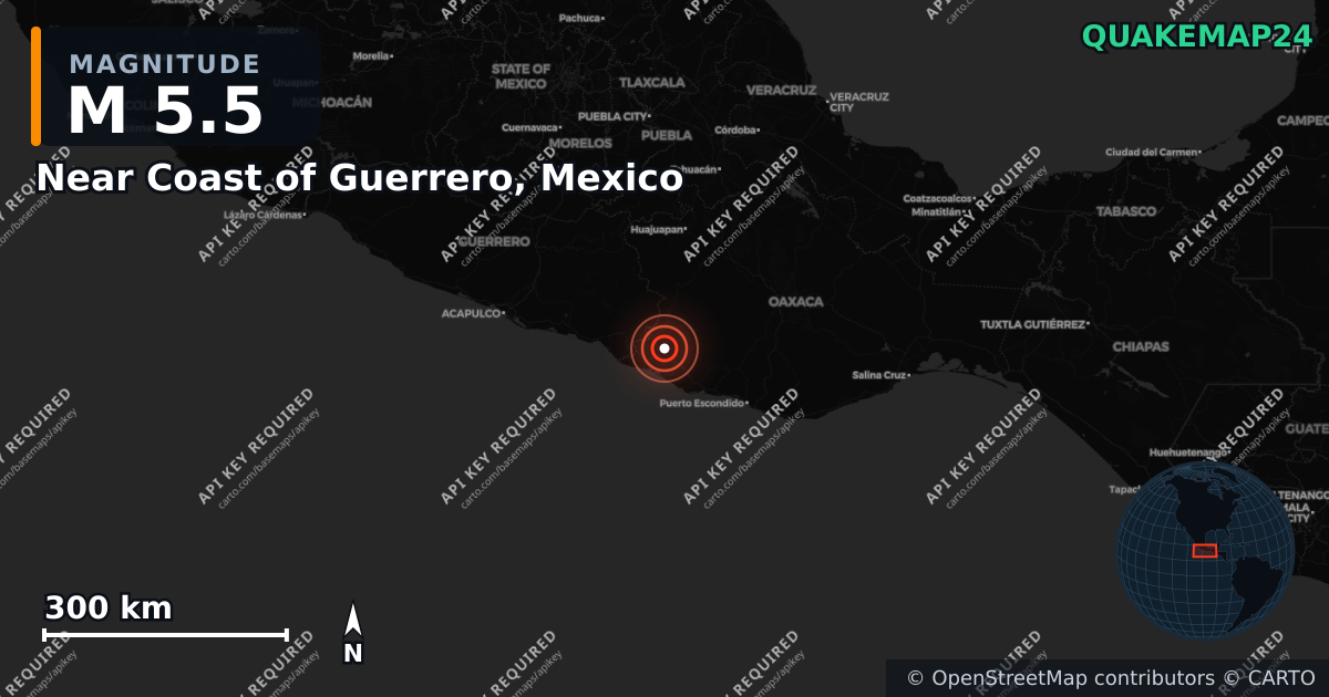 M5.5 earthquake near Near Coast of Guerrero, Mexico on May 4, 2026 — map of epicenter and shaking intensity | QuakeMap24