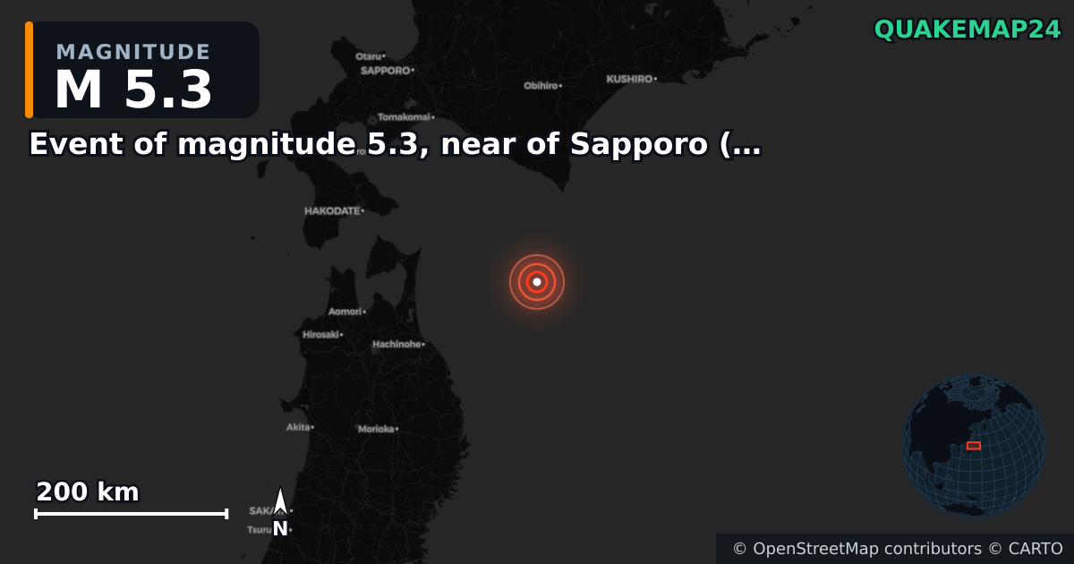 M5.3 earthquake near Event of magnitude 5.3, near of Sapporo (Monde) on Dec 11, 2025 — map of epicenter and shaking intensity | QuakeMap24