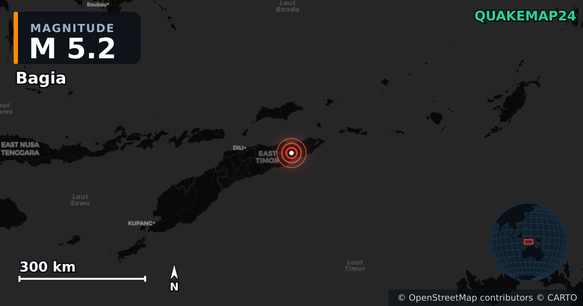 M5.2 earthquake near Bagia on Jun 6, 2026 — map of epicenter and shaking intensity | QuakeMap24